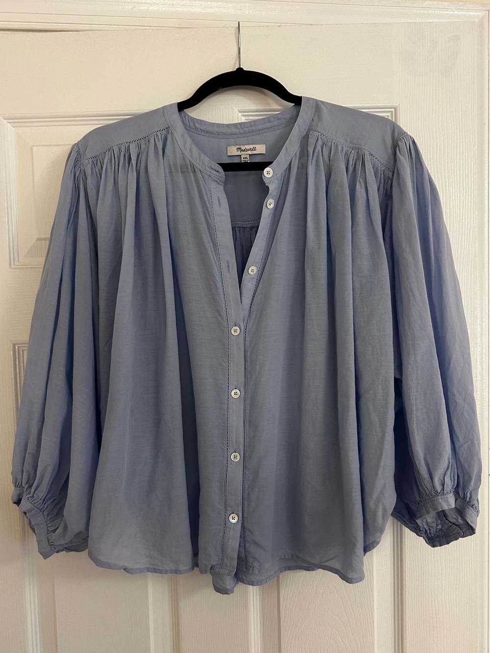 Madewell Shirred Crewneck Button-Up Top